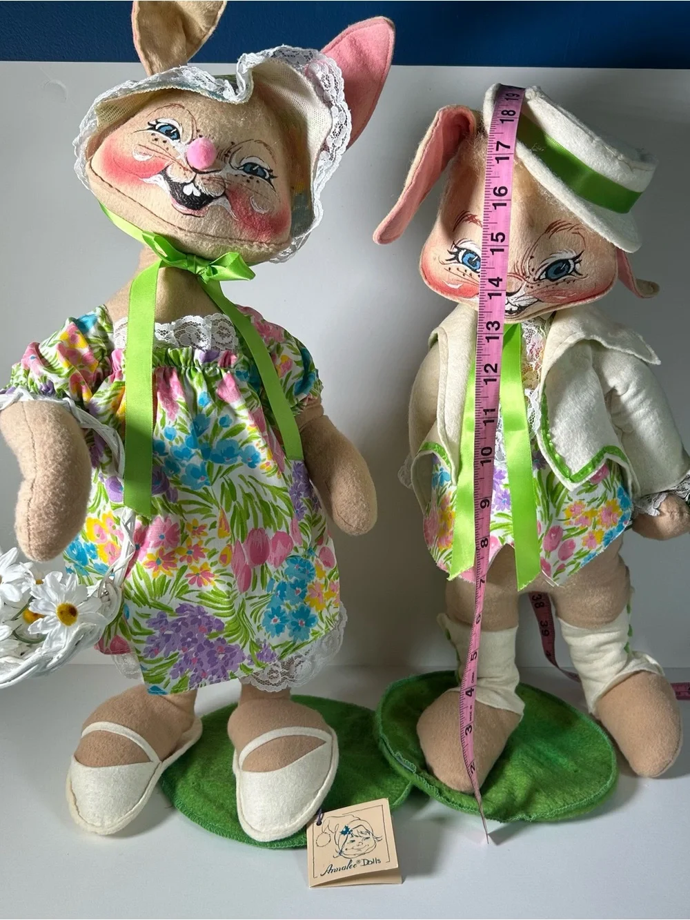 Vintage Annalee 20” Easter Bunny Rabbit Dolls Pair Mr Mrs USA Spring Floral 90’s